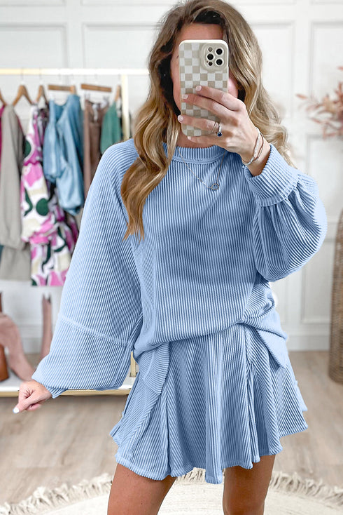 Corded Lantern Sleeve Top Ruffled Mini Skirt Two Piece Dress